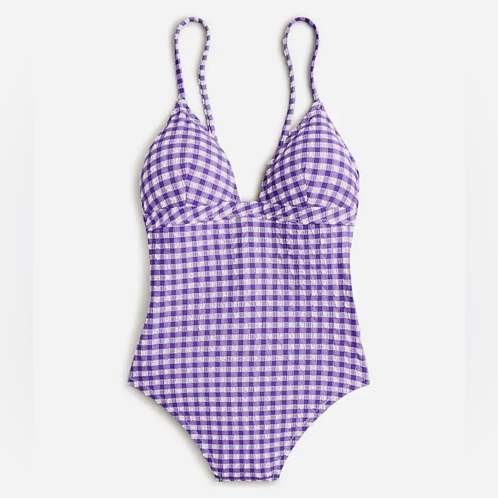 J.Crew plus textured gingham v neck one piece swimsuit, 24, purple/ white